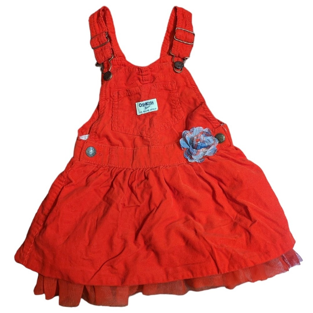 OshKosh B'gosh Vestbak Girls 3T Red Corduroy Overall Jumper Dress Tulle Plaid